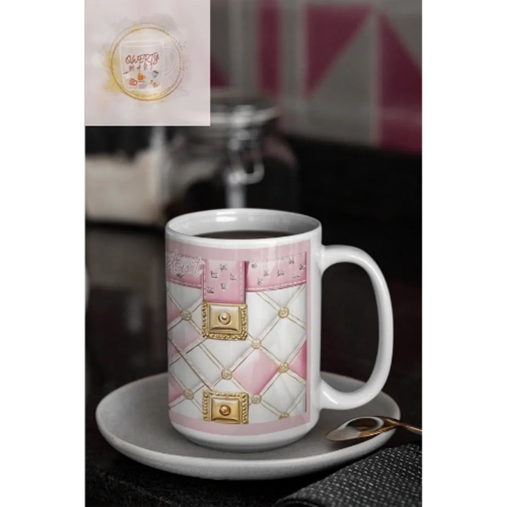 15oz Coffee Mug - Pink and White Handbag